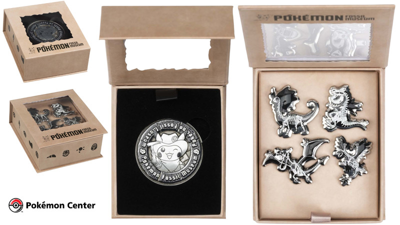 Pokemon Fossil Museum Coin + Skeletons Pin Set 4-Pack Bundle New Pokemon Center