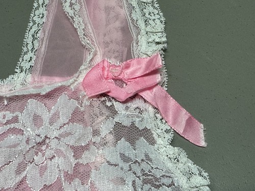Vtg Nightgown Chemise Pink Nylon Chiffon Sheer Overlay Lace Flowy Bows - Picture 6 of 10