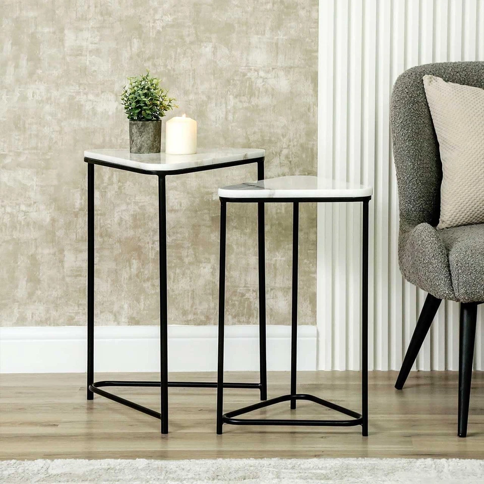 Marble Top Nesting End Table Set Small Coffee Side Accent Triangular New - Image 3 of 4
