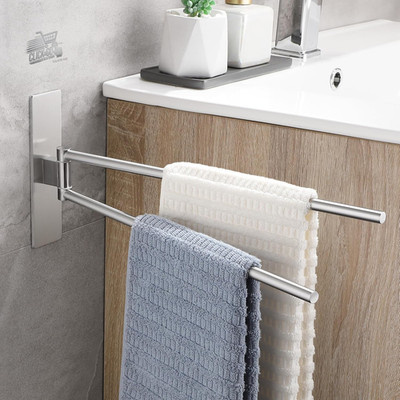 Bathroom Towel Rack Stainless Steel Swivel Wall Adhesive Holeless Silver