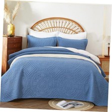 Summer Bedding King Quilt Set, Misty Lightweight Bedspread Bedroom 106x96" Blue