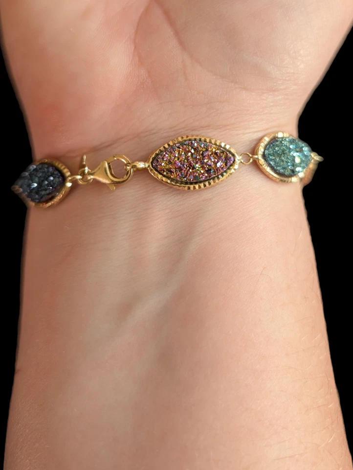 Milor Italy 14k Solid Gold Faux Multicolor Druzy Bracelet 7.5" Fits 6.75" - Image 2 of 4