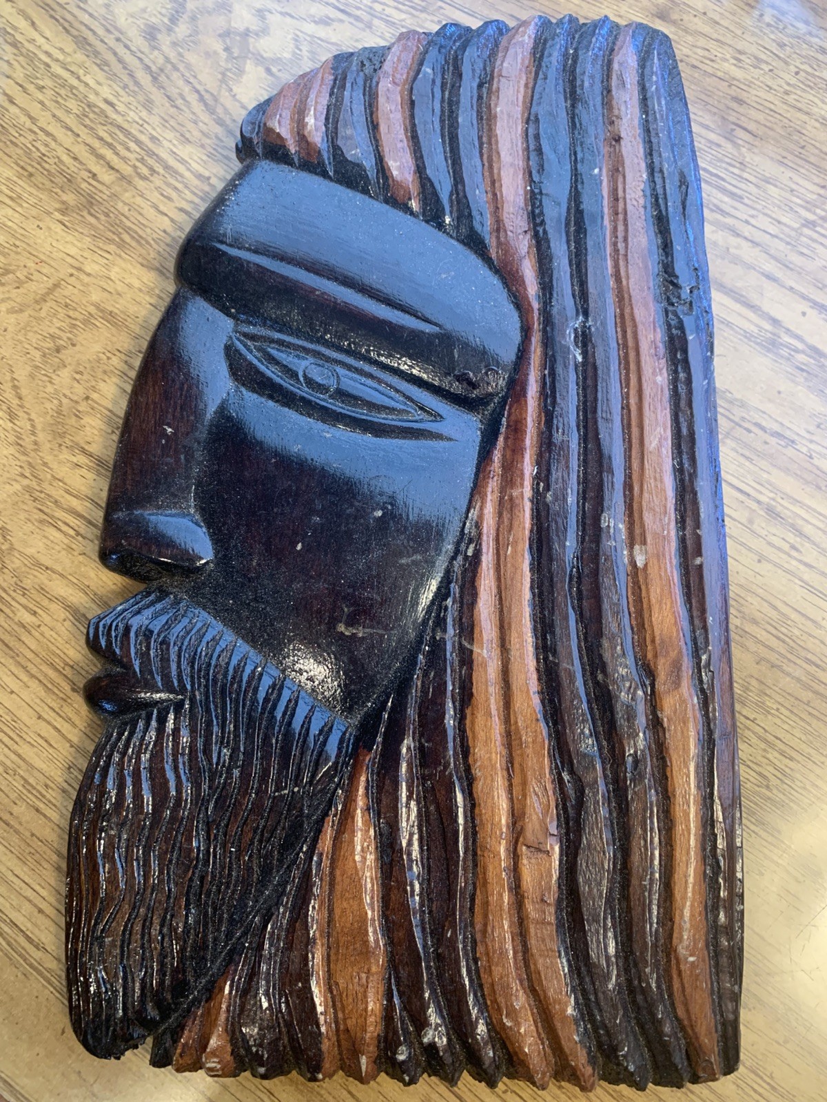 VTG Hand Carved Wood Jesus Head profile Rustic Religious Folk Art Large Wall Han