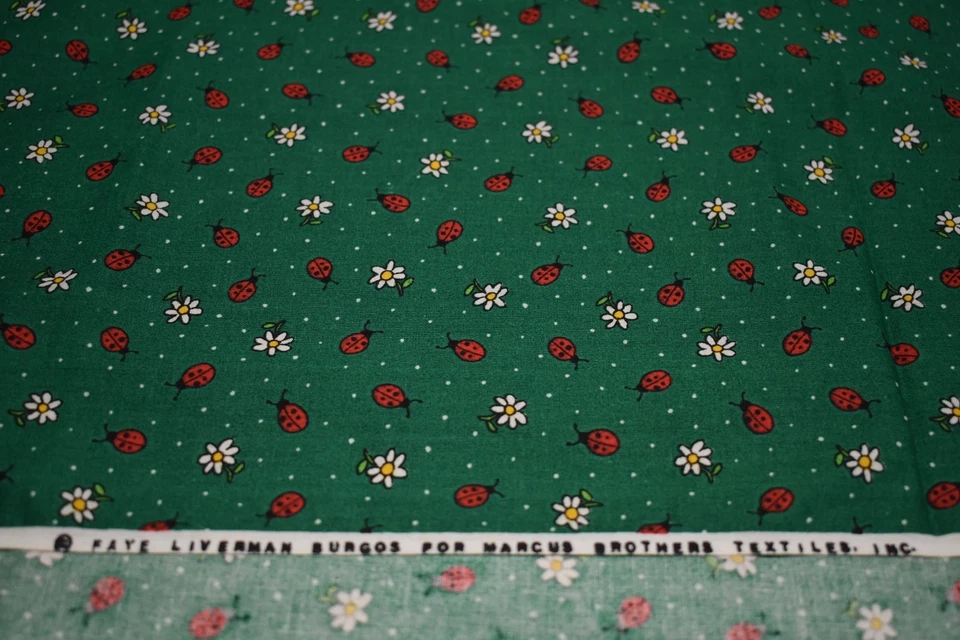 FAYE LIVERMAN BURGOS green cotton fabric MARCUS BROTHERS ladybugs daisies 35x45 - Image 2 of 3
