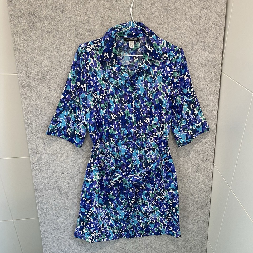 YESADRESS Dress Womens Size 10 Vintage Blue Shirt Dress Belt Short Sleeve
