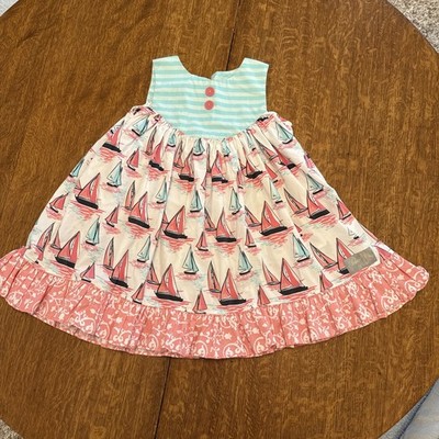 Eleanor Rose Dress Aqua and Pink Sailboat Sun Dress Ruffles Size 5-6