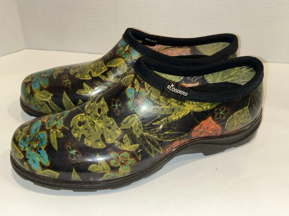 SLOGGERS Rain & Garden Spring Shoes Womens Size 10 Black Floral Clogs USA Made - Image 3 of 4