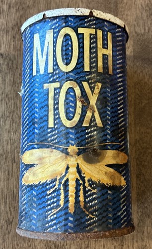 Vintage 50s Moth-Tox Paper Over Metal Can Bug Insect Killer Advertising Tin Rare
