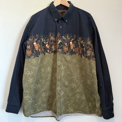 Bluff Creek Outfitters Shirt Mens Green Black Deer Buck Hunting Woods Print XXL