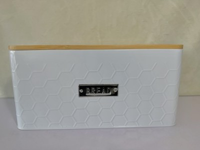 White Metal Bread Box w Bamboo Lid Cutting Board Kitchen Storage 