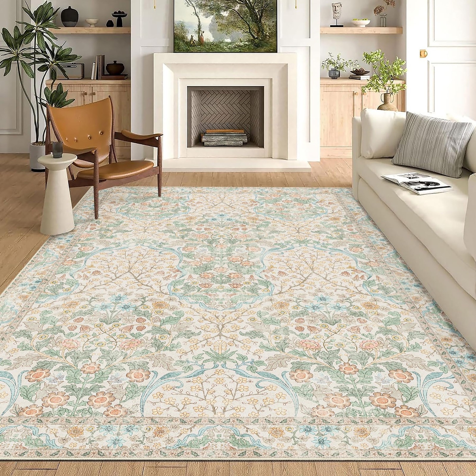 MUJOO Washable Rug 8x10 Floral Area Rug Non Slip Ultra-Thin Botanical ...
