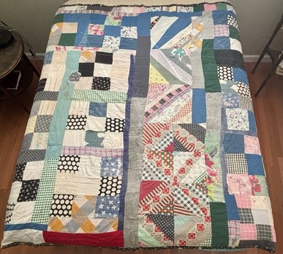 Vtg Depression Era Scrap Patchwork Quilt 76x78  Primitive Farmhouse Feedsack