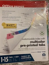 NEW Office Depot Customizable Index with Multicolor pre-printed tabs 1-15 1 Set
