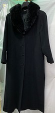 Jacques Vert Long Black Coat Cossack Victorian Style Faux Fur Collar Size 10