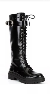 Gianni Bini Black Vegan Sky-Scraper Lug Platform Lace-Up Tall Boots Sz 7M NEW