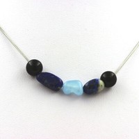 Halskette Perlen Schwarzer Achat 8 Mm + Aquamarin Du Brazilien + Lapis Kette
