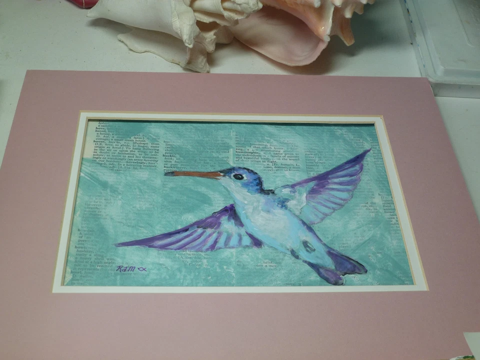 Colibrí Flotante en Página de Libro Antiguo Texto 11X9" Acrílico Original Ramfish Artista Foto 3 de 4