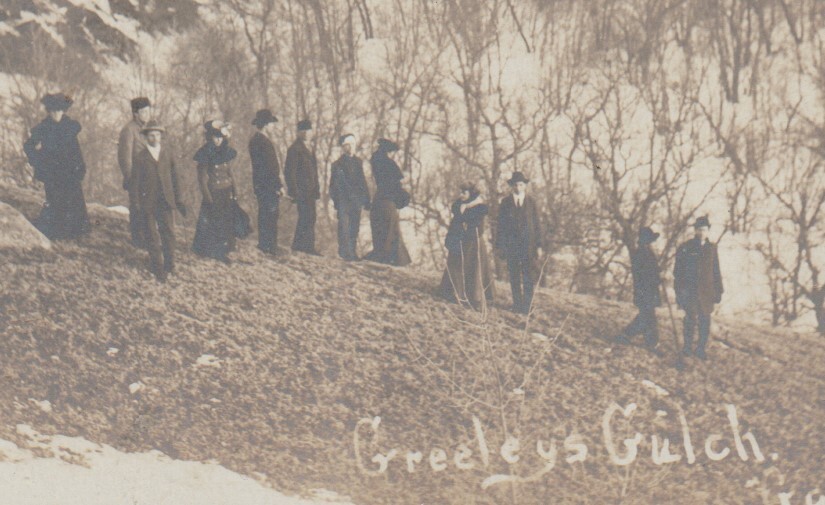 Gary SOUTH DAKOTA RPPC 1907 GREELEY'S GULCH Hiking SNOW nr Clear Lake