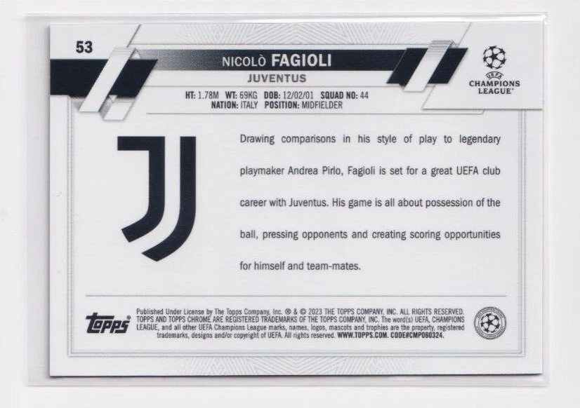 2022-23 Topps Chrome Sapphire #53 Nicolo Fagioli RC Rookie Juventus - Image 2 of 2