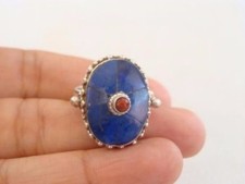 Lapis Lazuli Coral Inlay Ornate 925 Sterling Silver Ring Size 6 3/4, 7 1/2