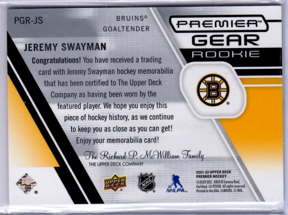 202122 Premier Collection Jeremy Swayman Premier Gear Card PGRJS