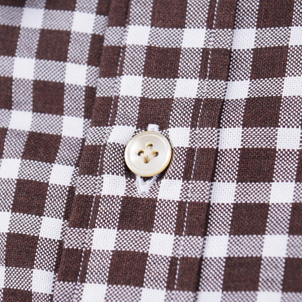 Camisa de Vestir Luigi Borrelli Marrón y Blanco Tejido a Cuadros Algodón 15.5 Nueva con Etiquetas Foto 2 de 4