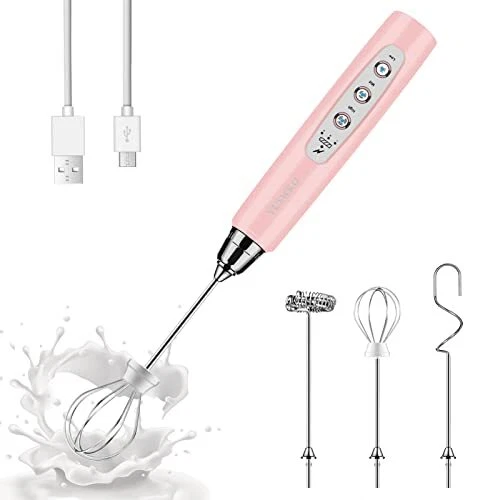 Milk Frother Handheld With 3 Heads Coffee Whisk Drink Foam Mixer With Usb Rechar