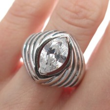 925 Sterling Silver Vintage Marquise-Cut Shaped C Z Ribbed Ring Size 9.25
