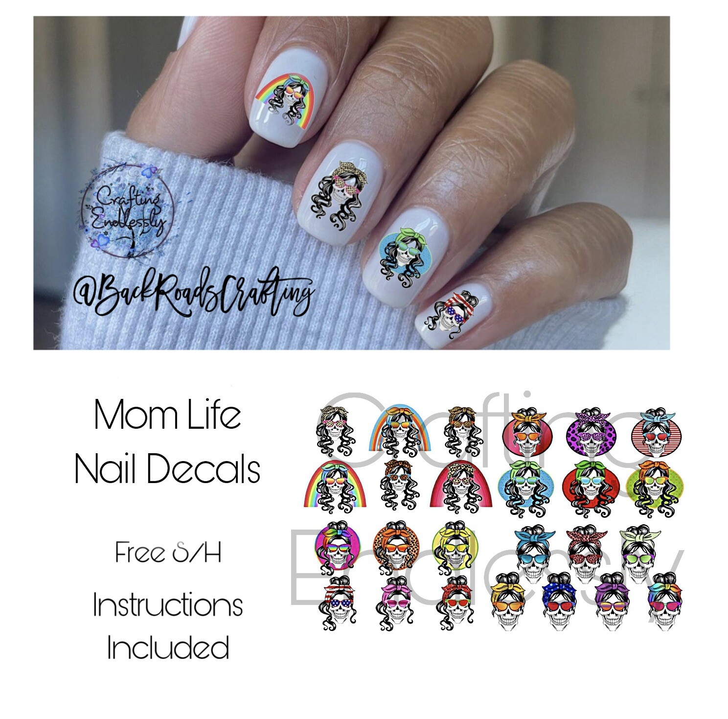 Skull Waterslide Nail Decals Set of 50 with Instructions & Bonus for Moms