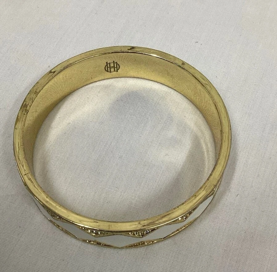 Brazalete House of Harlow para mujer de cuero y cristal dorado firmado 1960 Foto 3 de 4