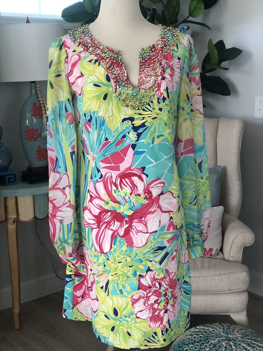 Lilly Pulitzer Saemus Schooner Blue Green Pink Silk Dress 0 XS Bead Jewel $298