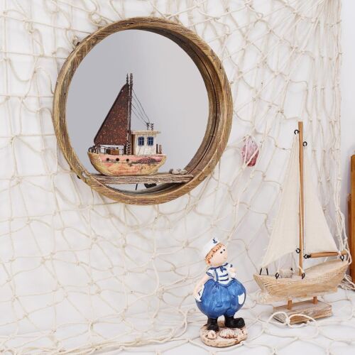 Wooden Beach Wall Hanging Circle Mirror Decor Nautical Wood Boat hanging decor - Picture 2 of 8