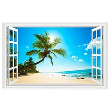  Fake Windows Wall Sticker, Removable 3D Beach Seascape Faux Windows Wall 