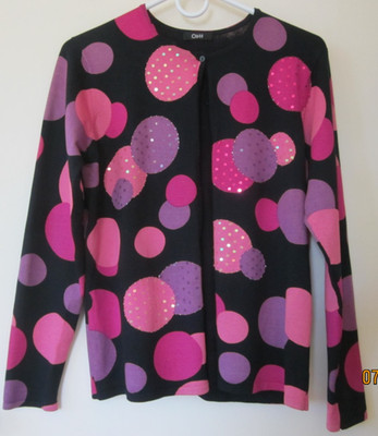 OBee Black Sweater Pink Purple & Fushia Circles Beading Buttons Round Neck Knit