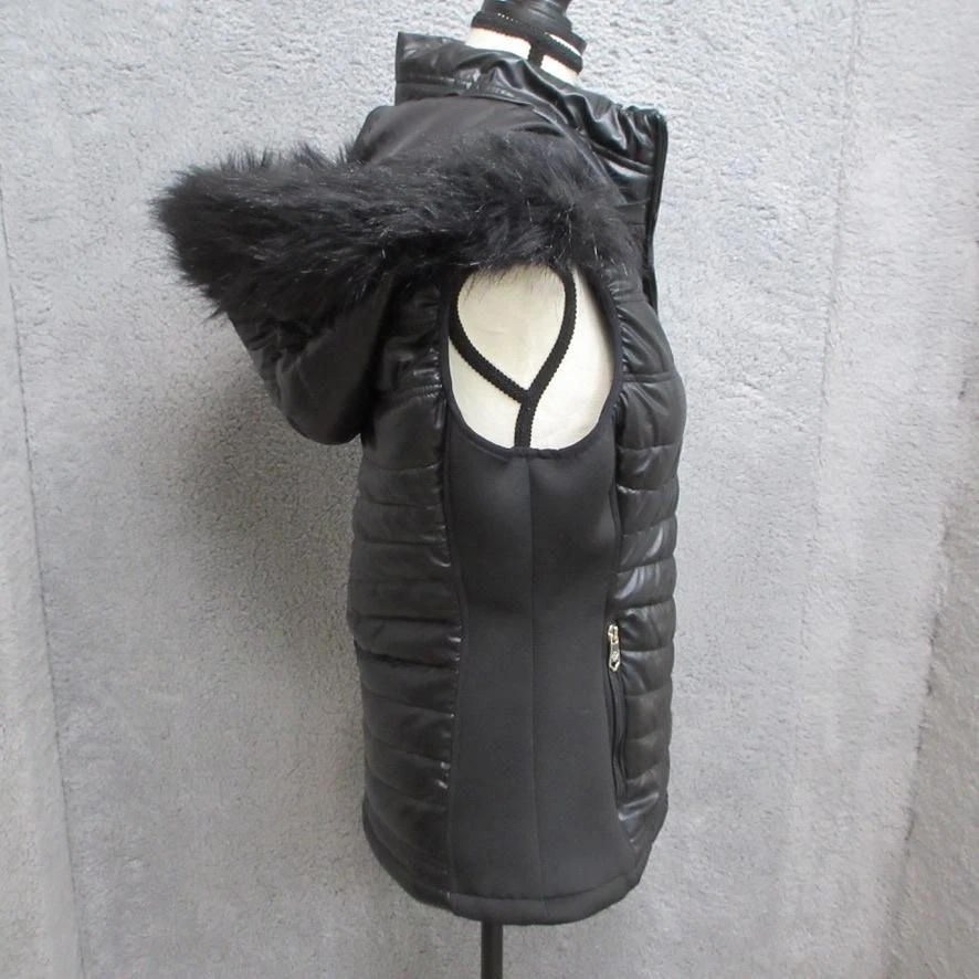 Nanette Lepore Vest Womens Small Faux Leather Hooded Puffer Jacket Zip Pockets - Image 3 of 4