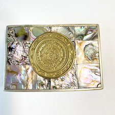 Vintage Mexican Belt Buckle Abalone Inlay Heavy Silvertone Aztec Calendar 3 1/4"
