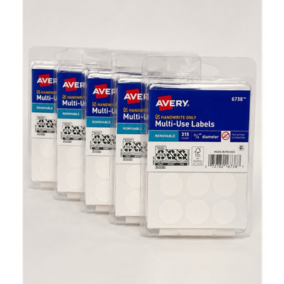 5 Pack Avery 6738 Multi-Use Removable Labels 315 Count 3/4  Diameter White
