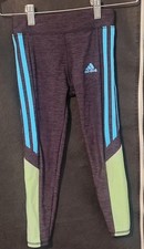 EUC Girls Adidas Leggings 3 Stripe Black Turquoise Neon Size 6
