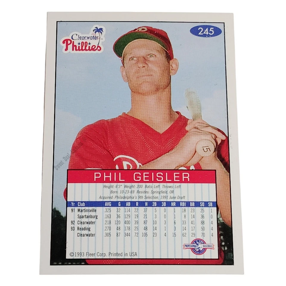Phil Geisler, Clearwater Phillies, No. 245, 93-94 Fleer Excel Minor Leagues - Image 2 of 4