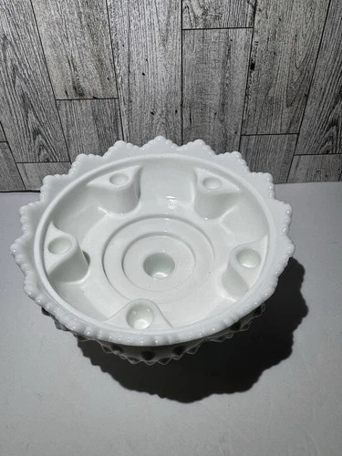 Vintage 8” Fenton White Milk Glass Hobnail Footed ruffled Candle Holder Bowl