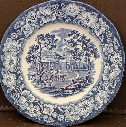 🇺🇸 Liberty Blue Staffordshire Ironstone – Set of 4 “Monticello” china plates  