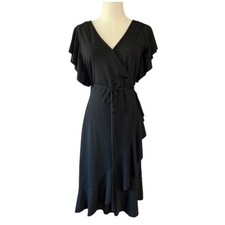 Banana Republic Black Short Ruffle Wrap Dress Petite Small Flutter Sleeve NWT