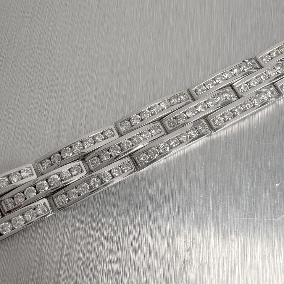 18k White Gold Diamond 3 Row Interlocking Link 12mm Chain Bracelet 7" 7.56ctw - Image 2 of 4