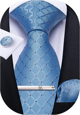 Plaid Ties for Men Silk Checkered Necktie and Pocket Square Cufflinks Tie Clip S