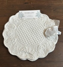 Shabby Chic Set Of 4 Scalloped Edged Off White Quilted Placemats New 