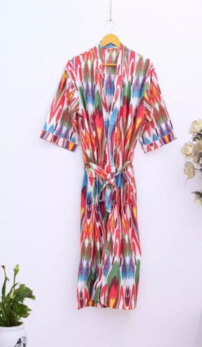 Batas de algodón con estampado de múltiples iklat indias kimono largo ropa para dormir batas kimono de noche - Imagen 2 de 4