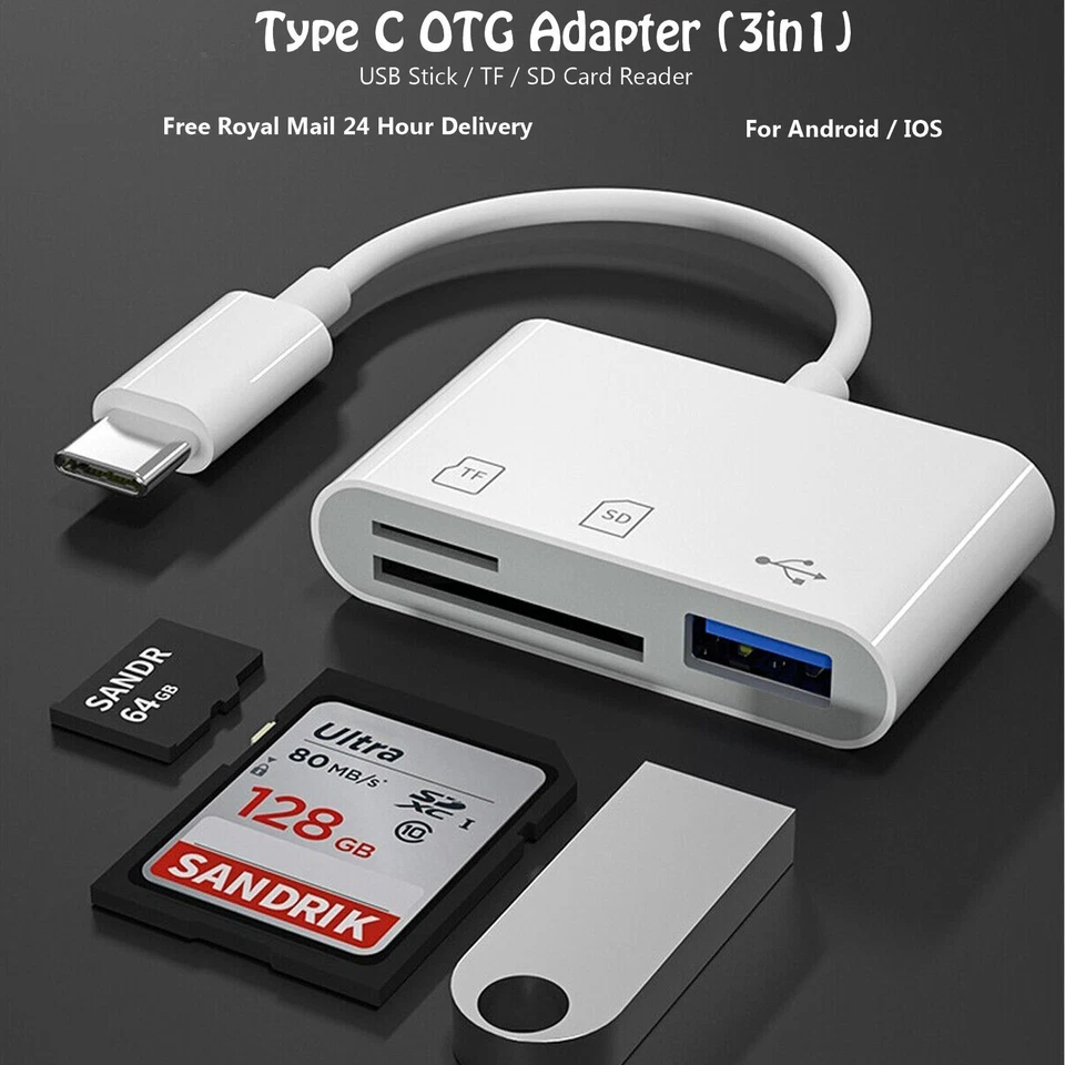 3in1 USB Stick, SD, Micro SD TF Card Reader Type C OTG Adapter For All Devices - Image 2 of 4