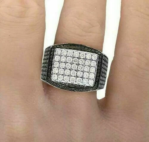 Anillo de compromiso con racimo de ónix negro y zafiro blanco simulado de plata 935 para hombre Foto 3 de 4