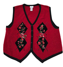 Koret Women's Red Floral Embroidered Sweater Knitted Vest V Neck Size PL Vintage