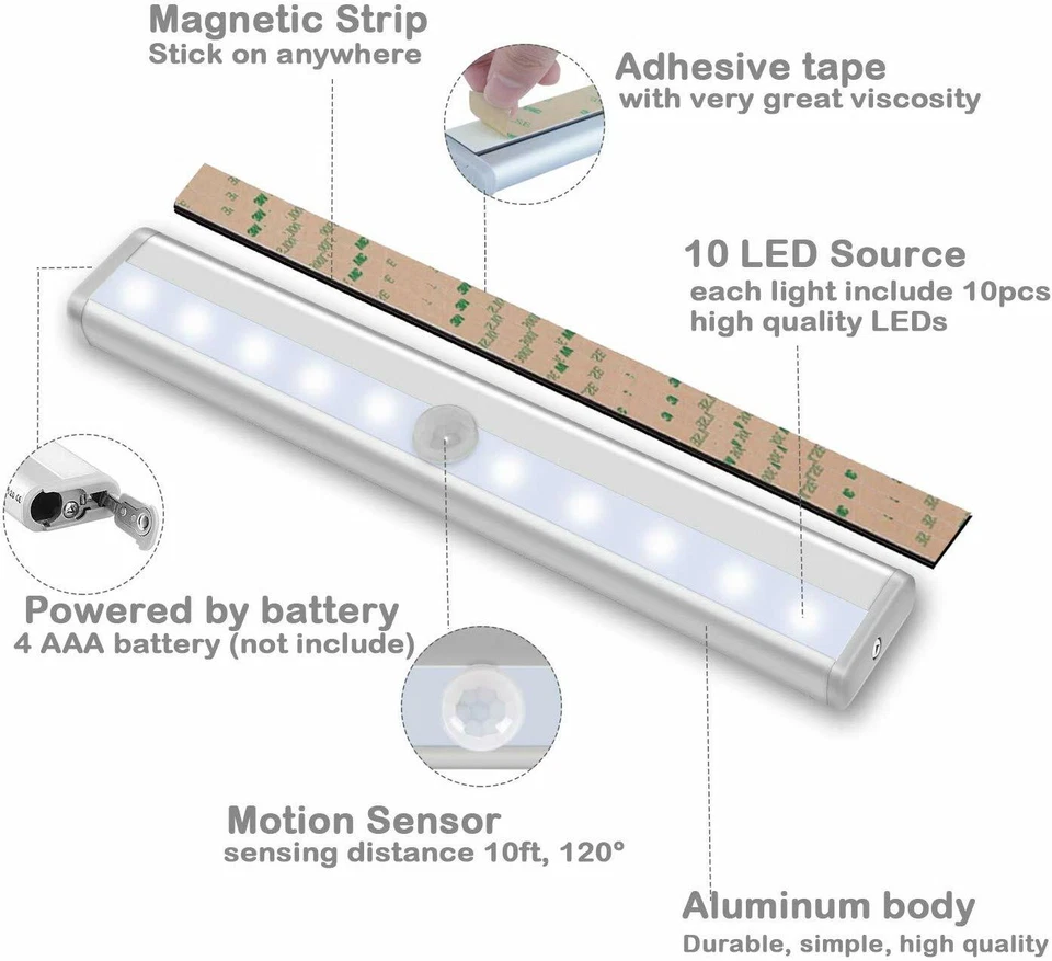 Paquete de 6 luces LED inalámbricas debajo del gabinete con sensor de movimiento que funciona con baterías Foto 3 de 4